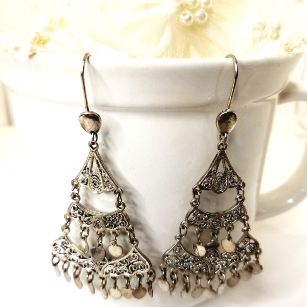 Chandelier Filigree Silver Dangle Earrings